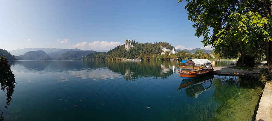 boat, parked, dock, daytime, lake, castle, travel, nature, mountain, bled