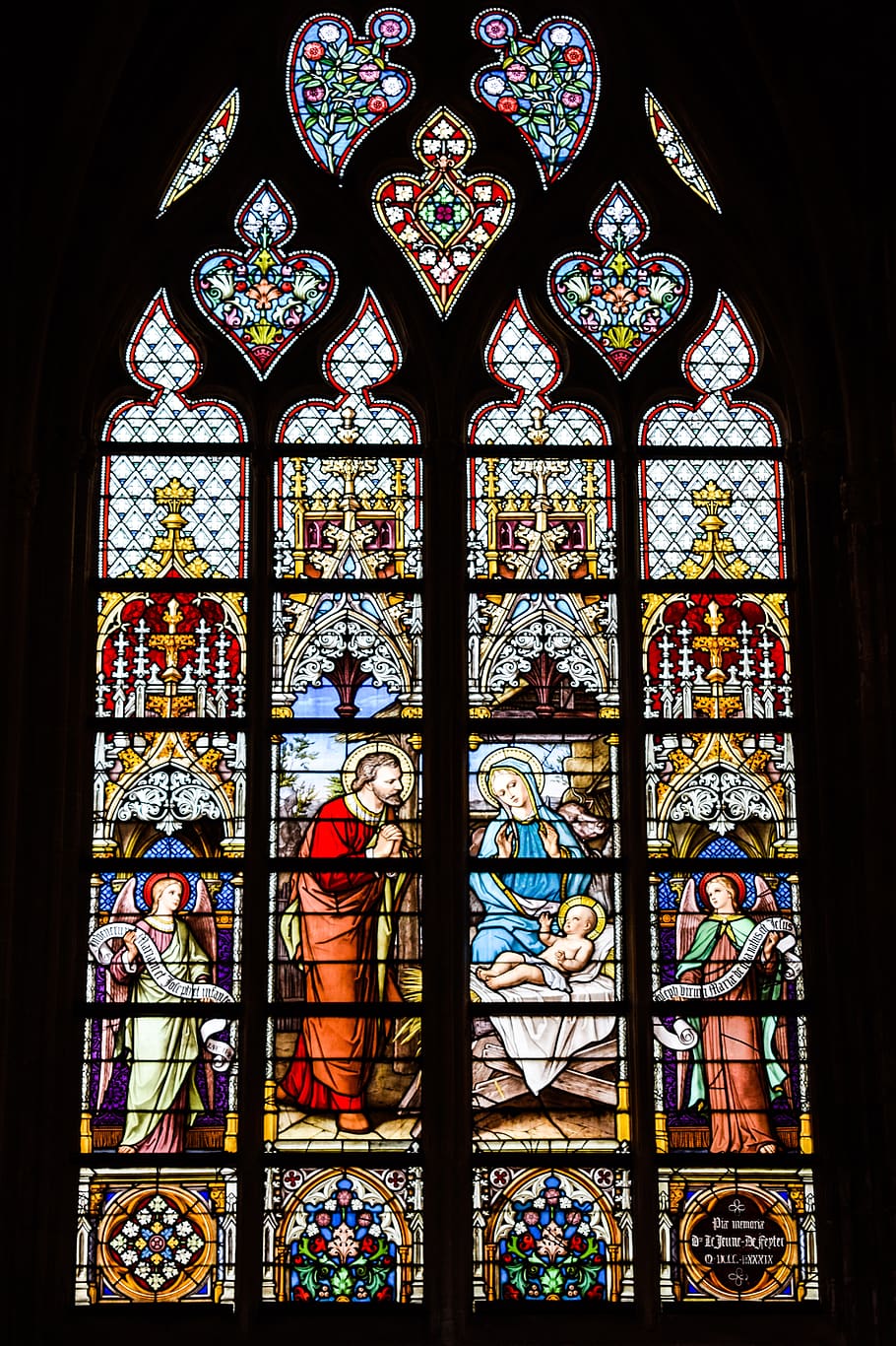stained glass window, glass, birth, jesus, maria, joseph, church, light, window, cathedral