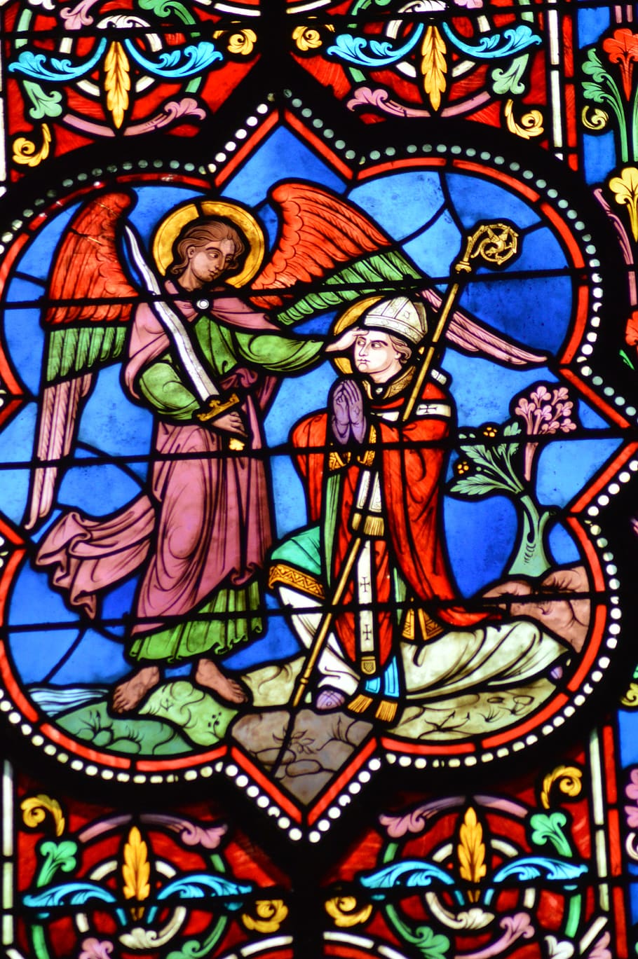 stained glass, window, church, colorful, cathedral, bayeux, saint, michel, archangel, sword