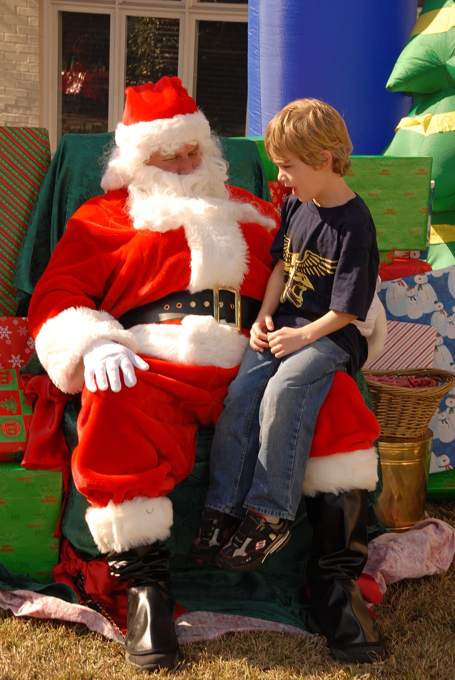 man, santa claus costume, carrying, boy, santa, child, lap, december, xmas, merry