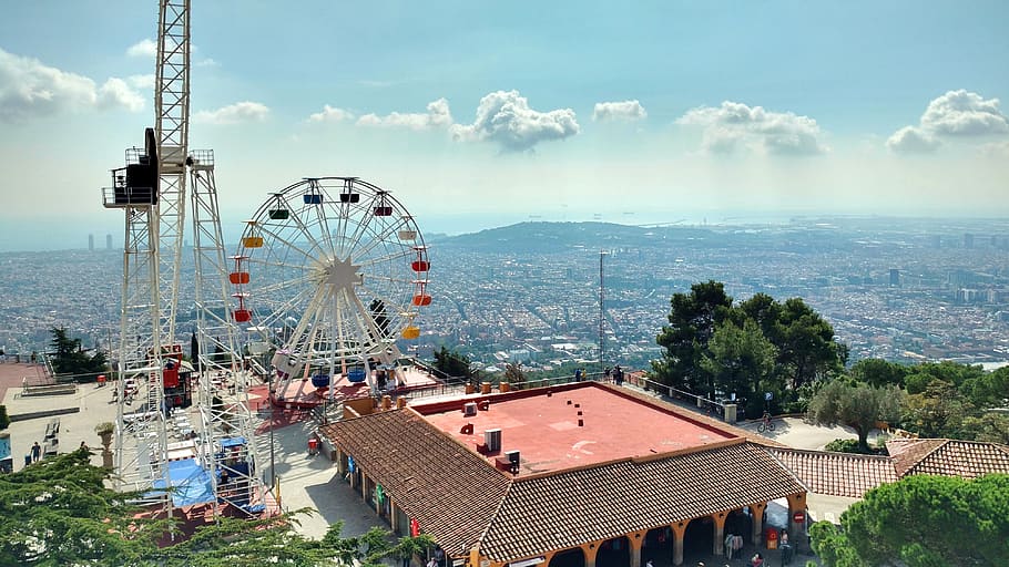 tibidabo, theme park, mountain, barcelona, view, panorama, ferris wheel, carousel, landmark, spain