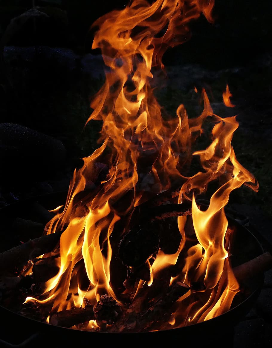 foto macro, fuego, llama, cuenco de fuego, fuego de leña, quemar, combustión, resplandor, amarillo, caliente