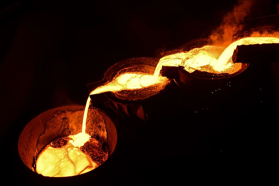 melted, metal, pouring, container, metallurgy, a ferro-alloy, the electric arched furnace, coal, fire, radiance