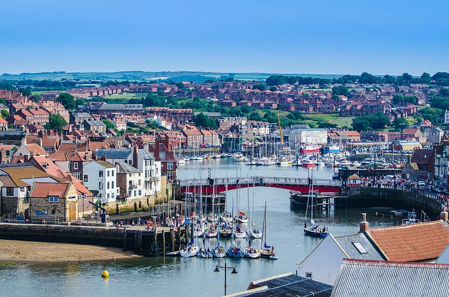 coast, town, abbey, seaside, north, seafront, england, whitby, sea, resort