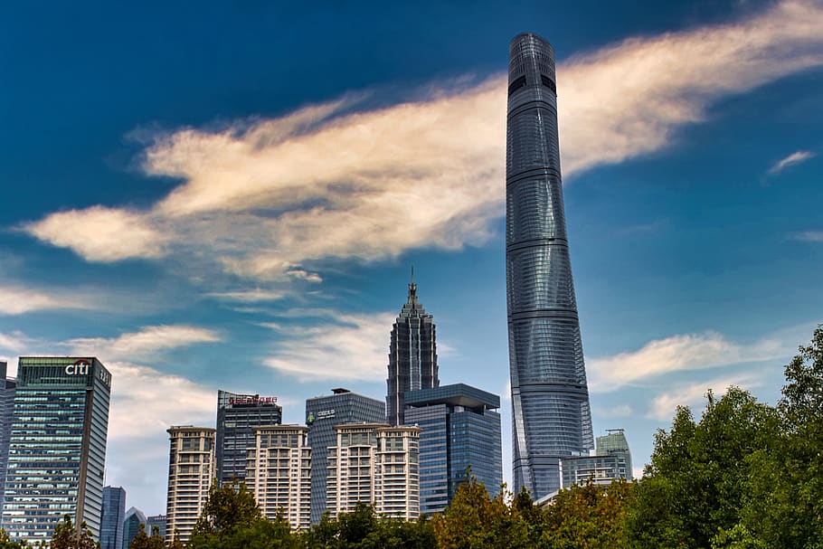 kaki langit, gedung pencakar langit, bangunan, arsitektur, fasad kaca, langit, tinggi, shanghai, menara shanghai, kota