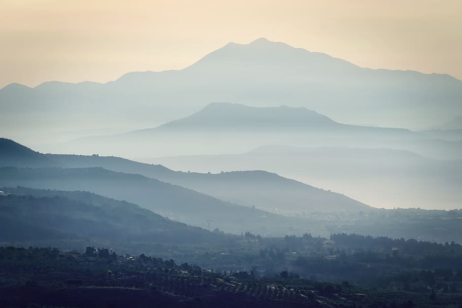illustration, mountain, covered, fog, crete, mountains, landscape, mystical, sunrise, vision