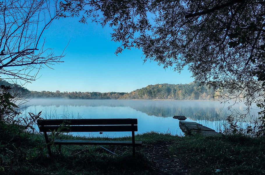 bench, lake, blue, sky, blue sky, nature, tree, outdoors, landscape, water
