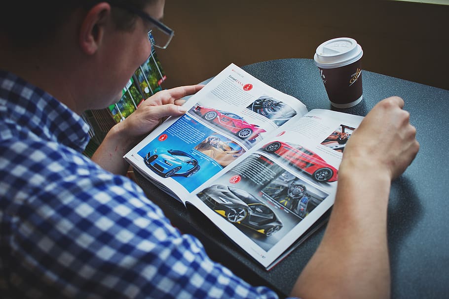 guy, man, male, people, read, magazine, cars, page, coffee, mug