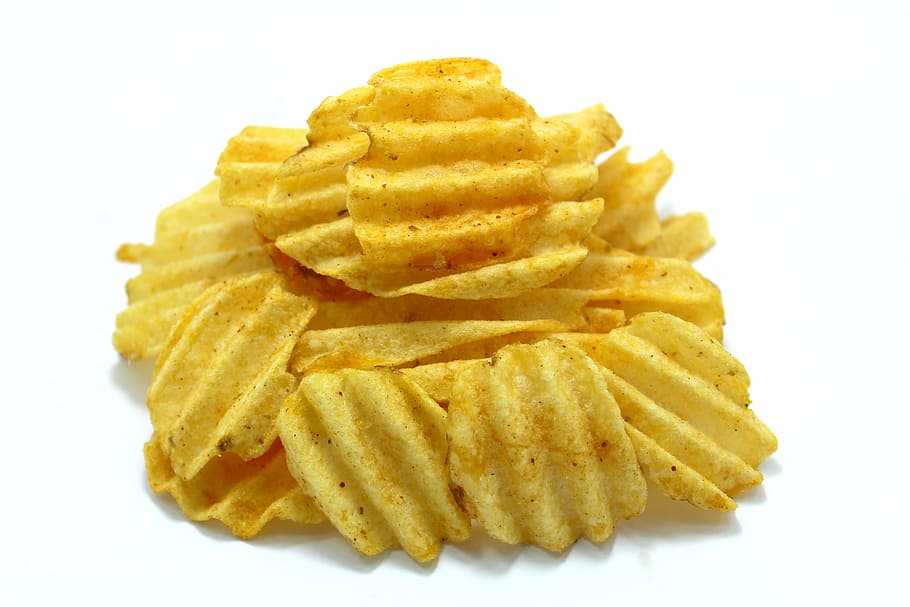 potato chips, snack, snacking, potato, food, bowl, junk, closeup, isolated, heap