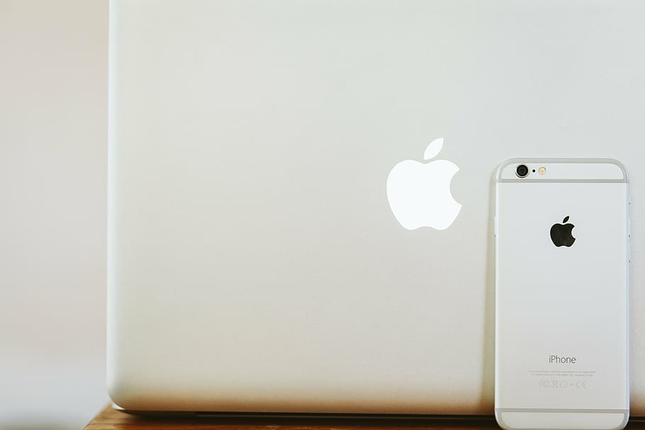 silver iphone 6, mac, apple, iphone, laptop, macbook, logo, technology, communication, device