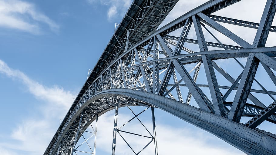bridge, architecture, building, structure, infrastructure, low angle view, built structure, metal, sky, engineering