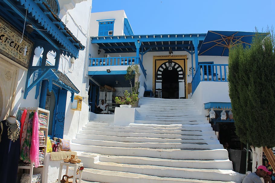 Túnez, ciudad, café, turismo, generosamente, azul - blanco, arquitectura, estructura construida, exterior del edificio, escalera