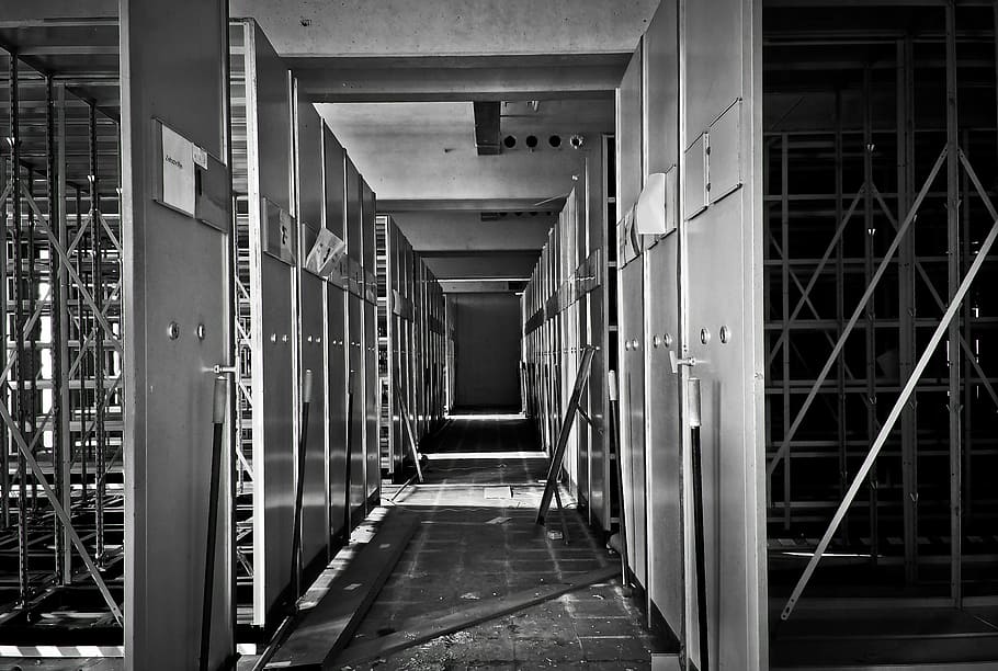 grayscale photo, construction walls, lost places, office building, destroyed, broken, office, leave, vandalism, pforphoto