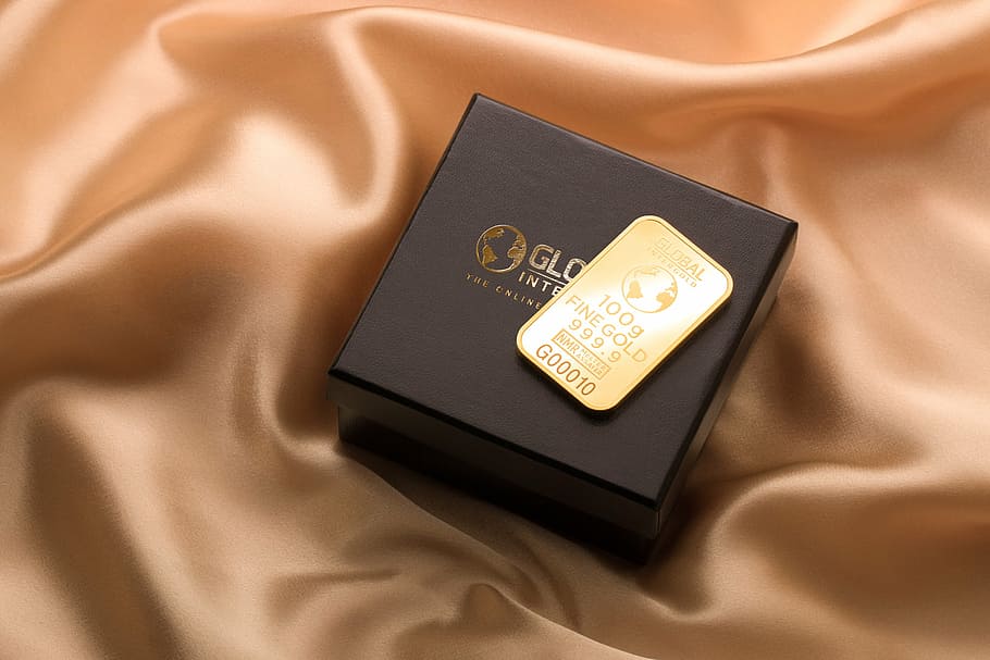gold-colored bar, box, cloth, silk, gold, chip, sticker, wealth, luxury, finance