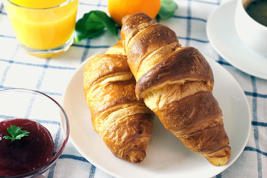 pastries, breakfast, jam, orange juice, glass, coffee, morning, plates, croissant, food and drink