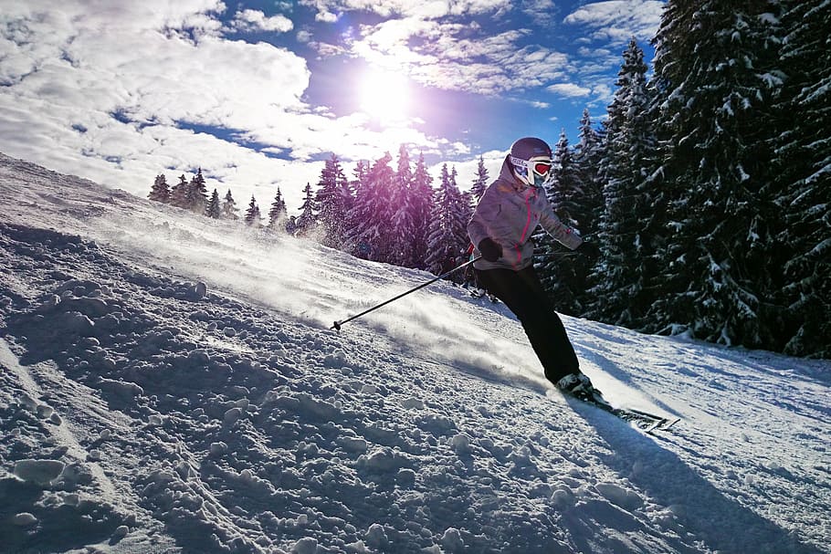 person, gray, winter jacket, black, pants, ski, daytime, skiing, girl, sun