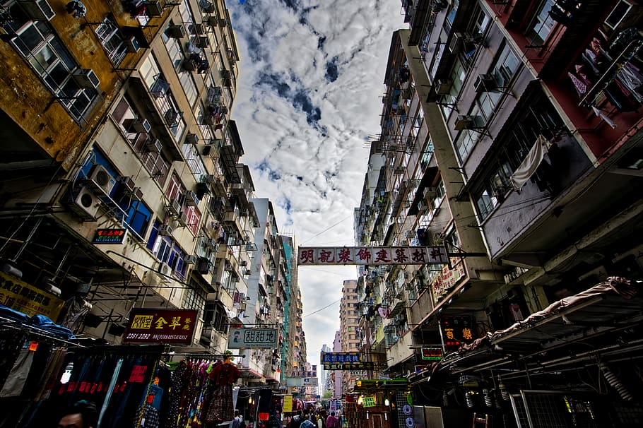 Hong Kong, mercado, bajo, ángulo, fotografía, edificios, cielo, arquitectura, exterior del edificio, estructura construida