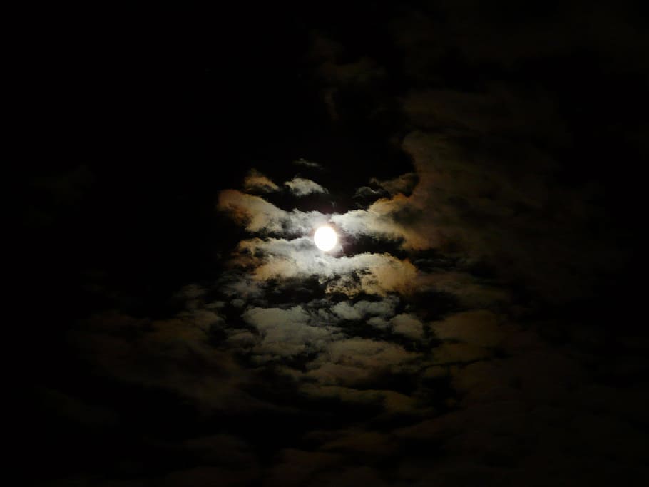 awan dengan bulan, malam, bulan, awan, hof, terang, gelap, menyeramkan, bulan purnama, neraka