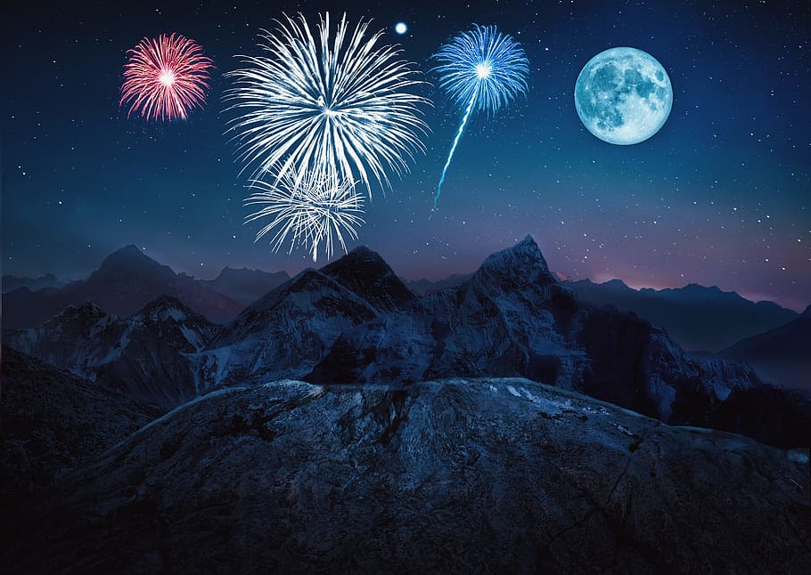 Fireworks, Night, Night, Sky, Moon, Backdrop, fireworks, night, sky, mountains, beautiful night, mountain