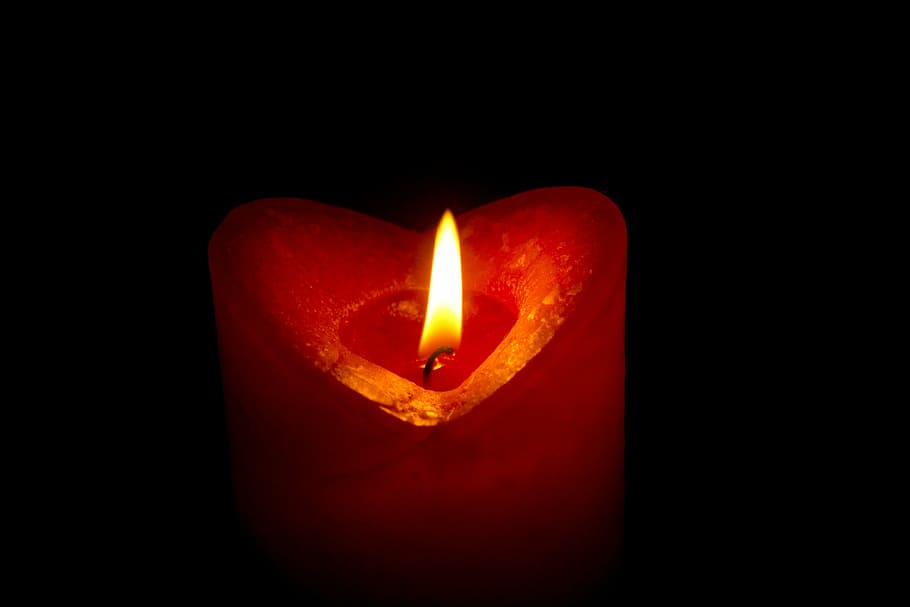 white pillar candle, christmas, love, romance, heart, red, light, flame, fire, darkness