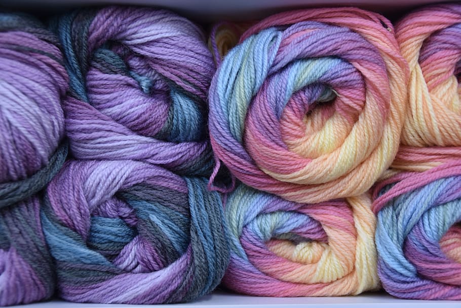 wool, balls of wool, knitting, needle, colors yellow pink blue purple, crafts, create, ball of wool, textile, material