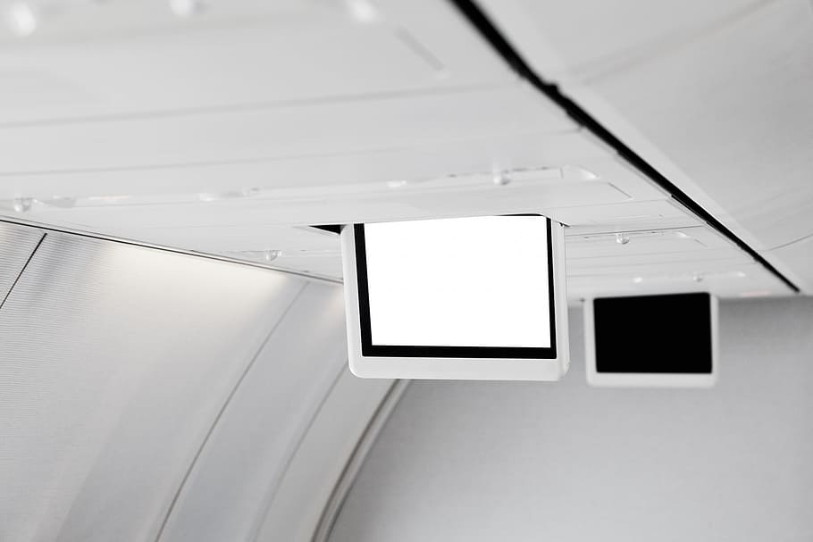 turned-off, monitor, inside, room, interior, airline, empty, transport, airplane, entertainment