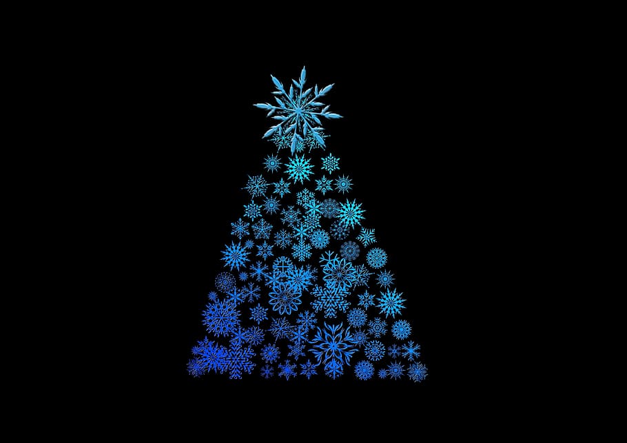 teal, blue, snowflake christmas tree illustration, christmas tree, background, structure, black, motif, christmas motif, snowflakes