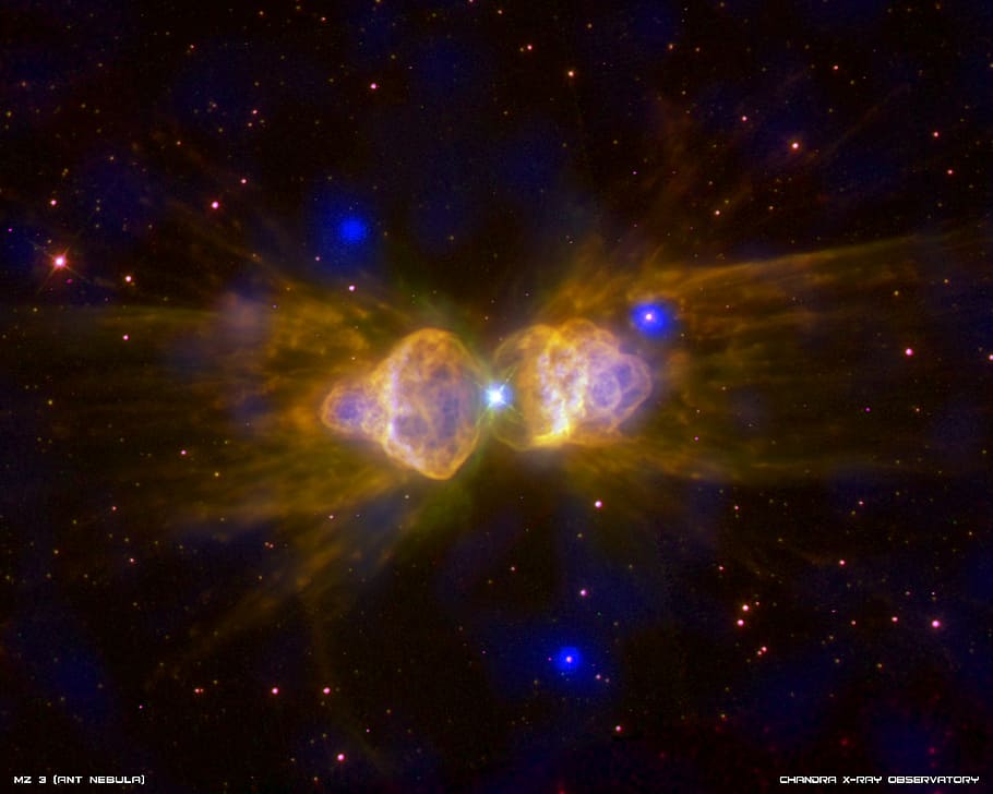 gold, blue, galaxy wallpaper, young dense planetary nebula, ngc 7027, bright, planetary nebulae, cosmos, stars, sky