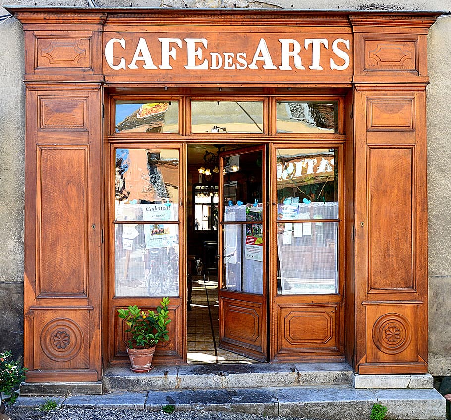 cafe des arts, brown, wooden, opened, door, coffee, restaurant, bar, terrace café, drink
