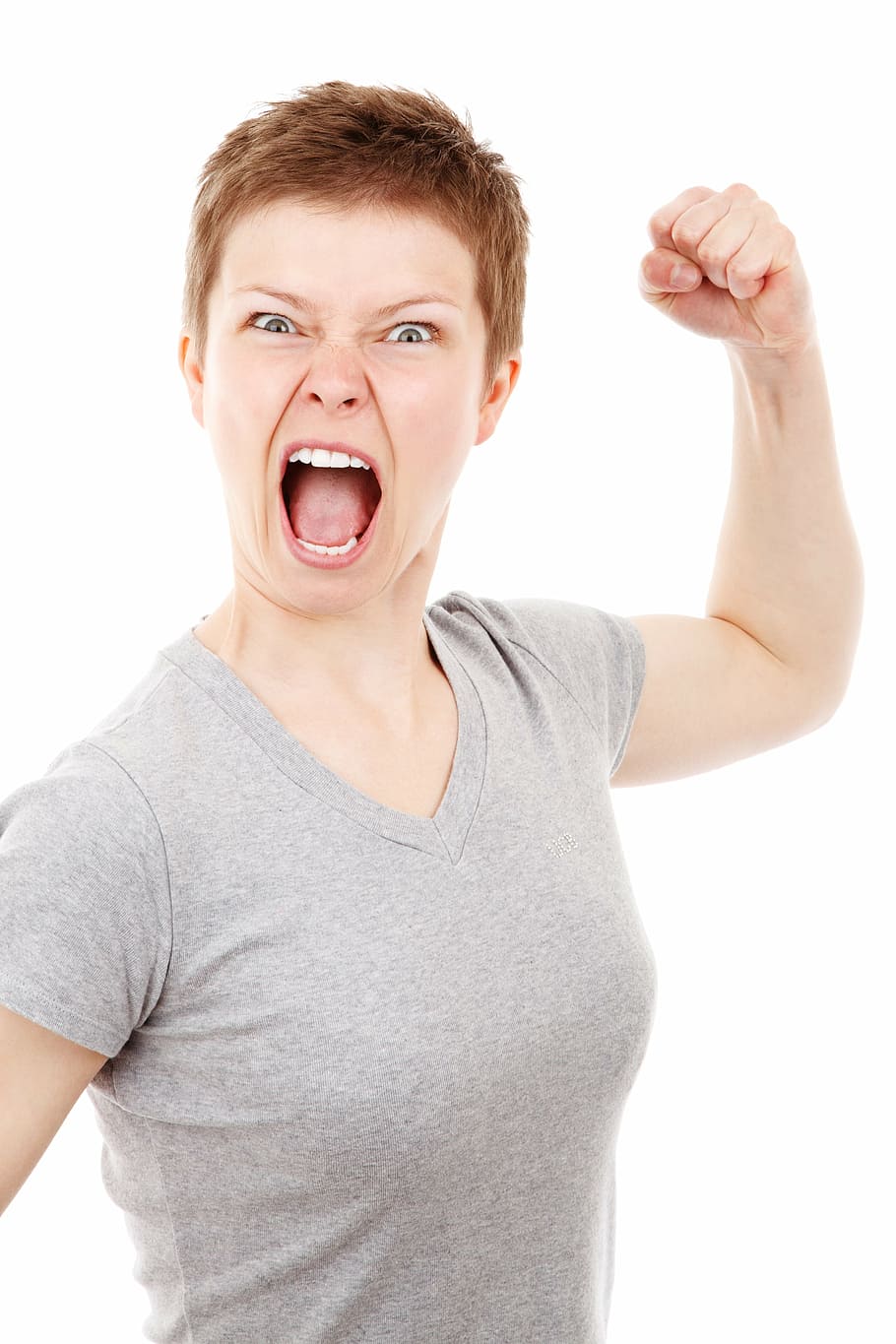 women, wearing, gray, v-neck t-shirt, anger, angry, bad, isolated, dangerous, emotion