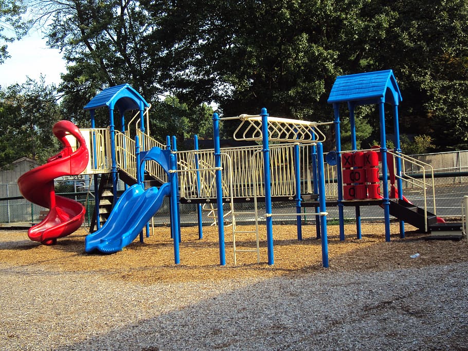 empty, blue, red, slide, swing, playground, park, childhood, equipment, recreation