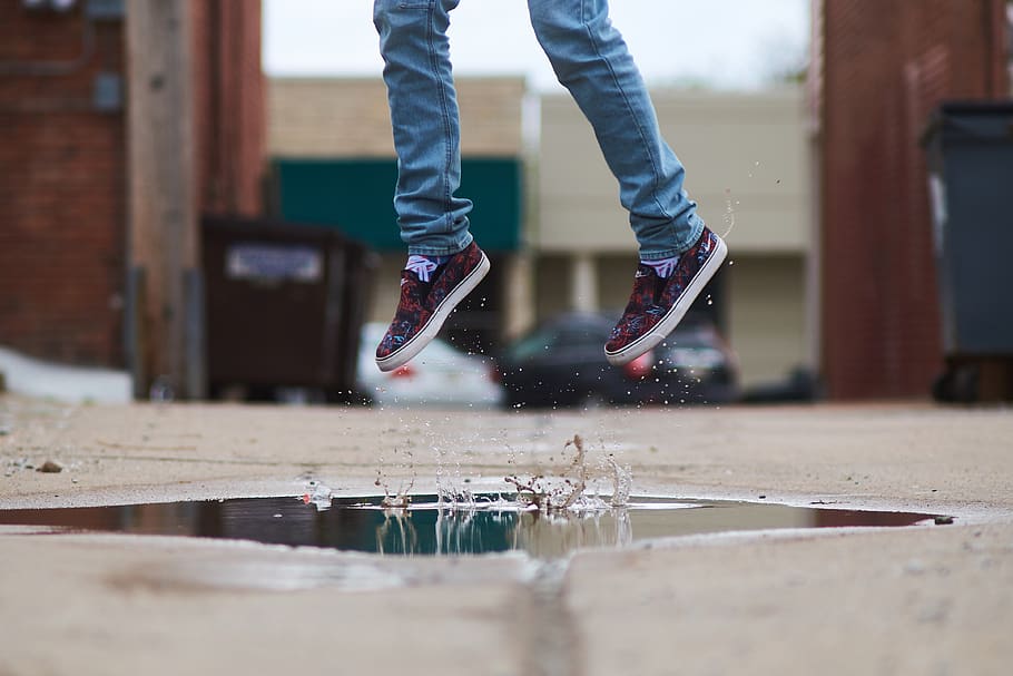 feet, shoes, jump, shot, water, street, jeans, style, fashion, man