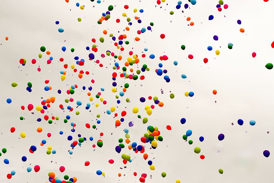 berbagai macam balon warna, terbang, langit, balon, perayaan, selamat, warna-warni, pesta, kartu, acara