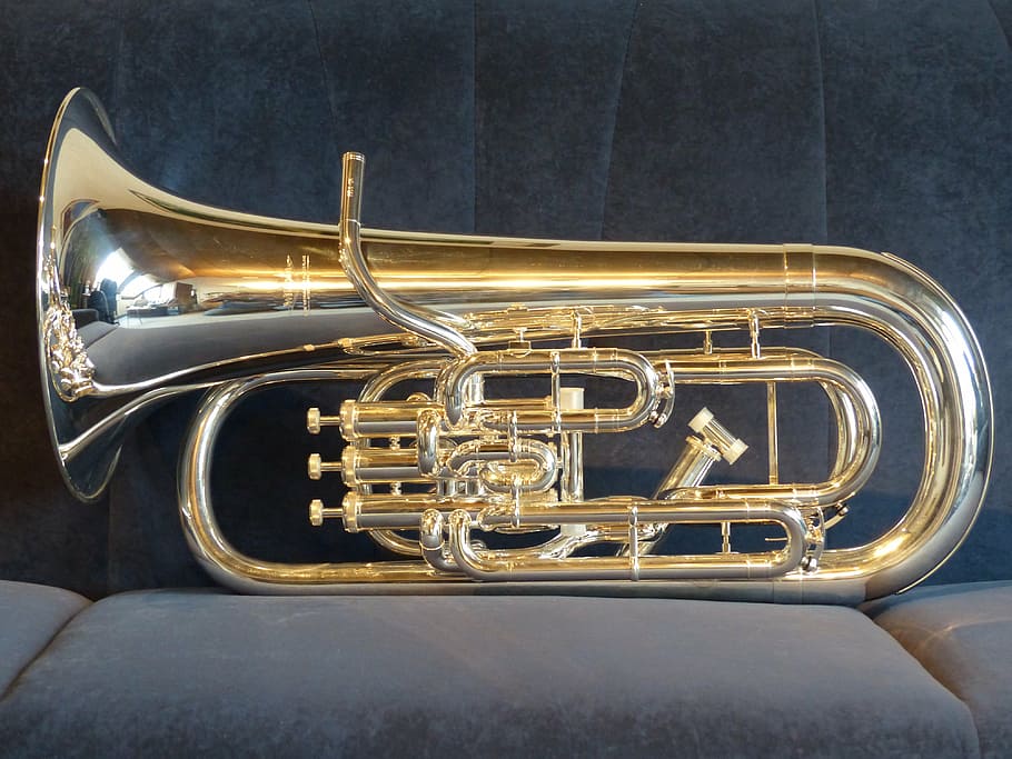 gold-colored wind instrument, black, sofa, euphonium, instrument, sheet, music, bugle, périnet valves, shine