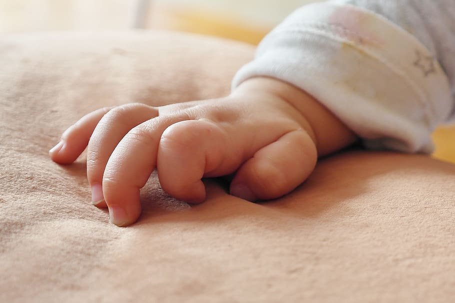 baby, right hand, brown, suede textile, hand, infant, child, access, understand, detention