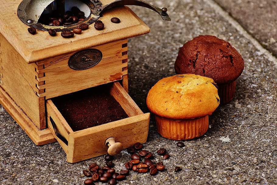 penggiling, muffin, kue, kopi, biji kopi, lezat, nikmati, manfaat dari, kue kering, cokelat
