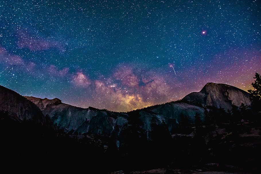 シルエット写真, 山, 星, 夜, 暗い, 銀河, 流れ星, 自然, 星-スペース, 自然の美しさ