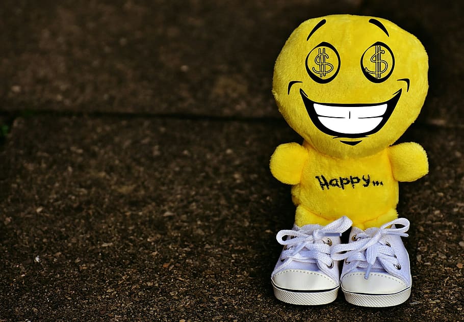 yellow, plush, toy, Happy, plush toy, smiley, dollar, greedy, sneakers, funny