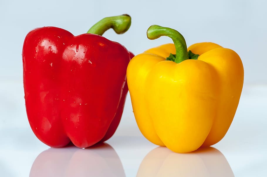 two, red, yellow, bell peppers, paprika, vegetables, food, eat, vegetable, freshness