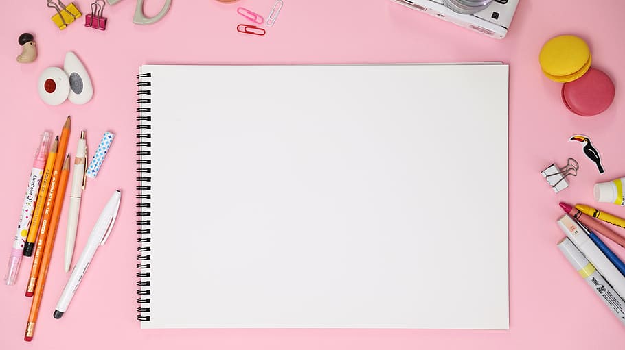 branco, bloco de notas, canetas coloridas, rosa, biscoito, caderno de desenho, lápis de cor, caneta, lápis, livro de desenho