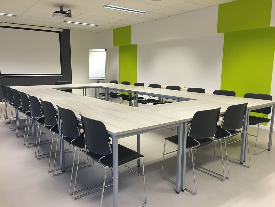 beige, wooden, conference table, set, meeting, modern, room, conference, learning, class