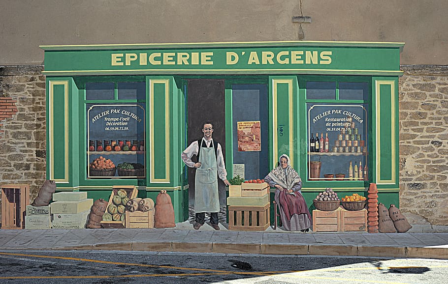 wall, painting, trompe l ' œil, fictional characters, business, text, small business, adult, architecture, food and drink