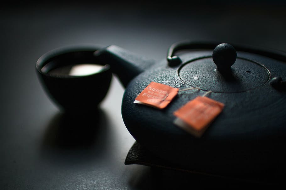 black, ceramic, teapot, teacup, surface, tea, tea ceremony, teabags, traditional, drinks