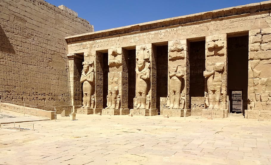 egypt, thebes, luxor, temple, medinet-habu, colonnade, sculptures, pharaoh, architecture, monument