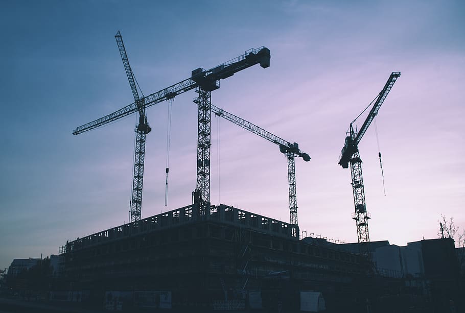 cranes, site, sky, housebuilding, baukran, construction work, sunset, machinery, construction industry, crane - construction machinery