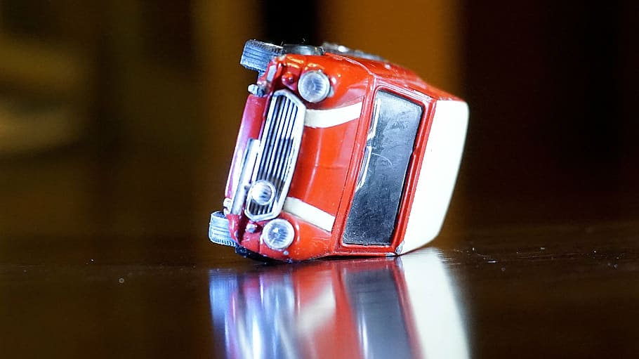 red, mini cooper die-cast toy, table, accident, mini, morris, upset, miniature, toy, toy car
