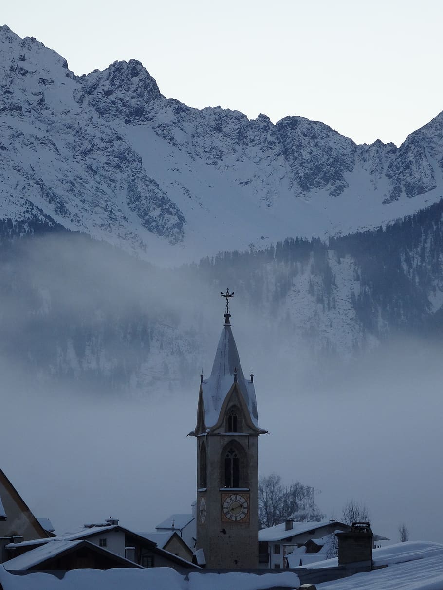serfaus, austria, ski resort, church, snow, fog, mountains, dawn, bell tower, cold white
