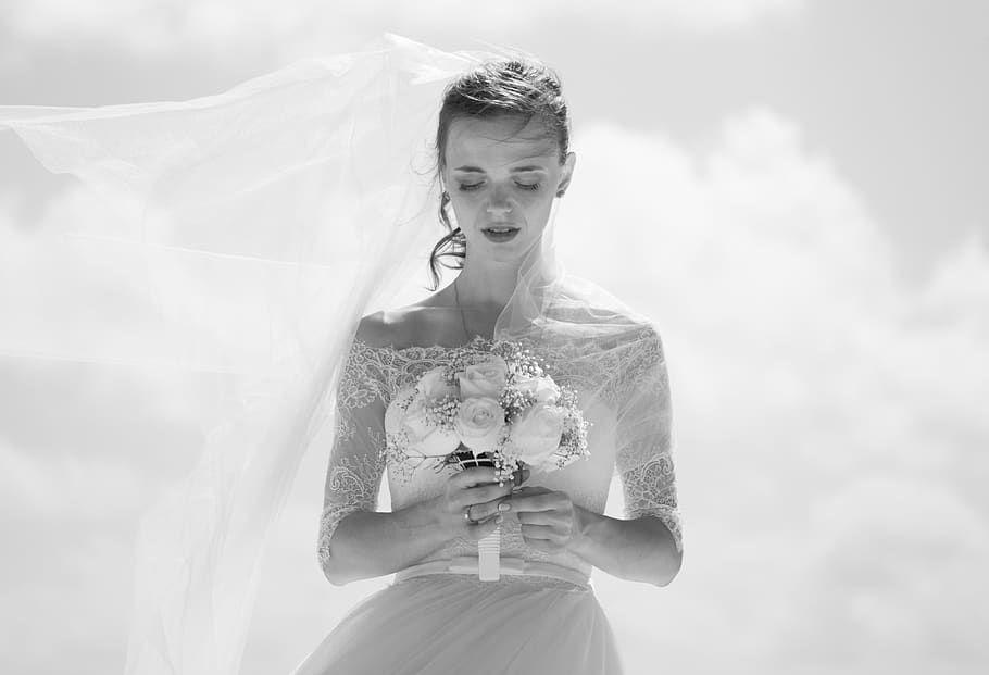 people, woman, black and white, monochrome, wedding, bride, flowers, bouquet, dress, clouds