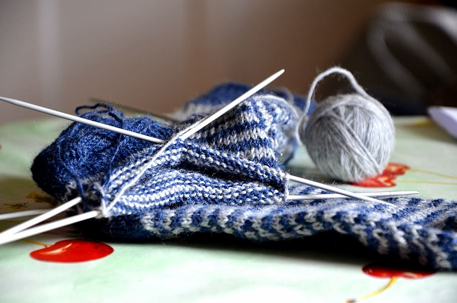 blue, white, knitted, scarf, knit, knitting, wool, hand labor, knit socks, socks