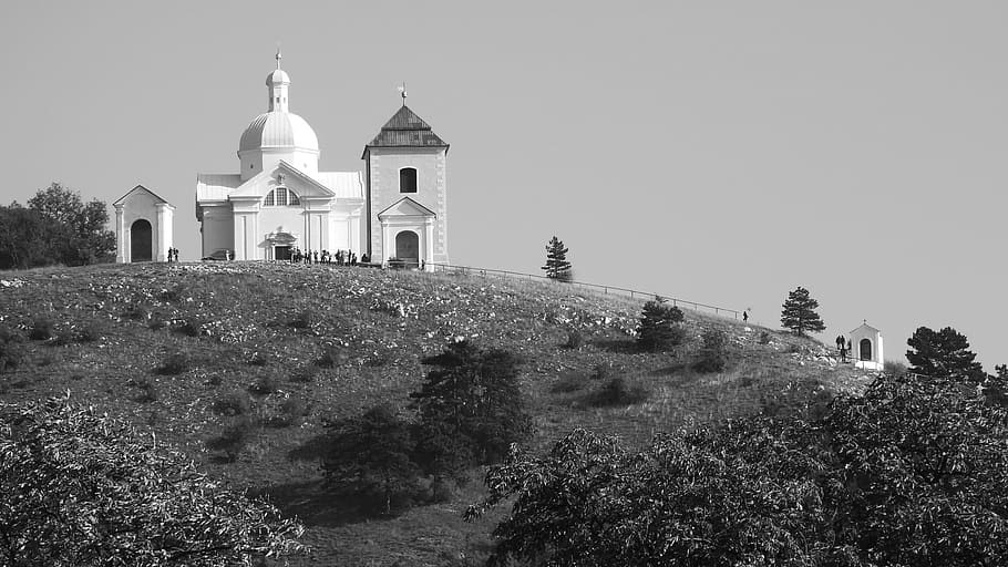 holy hill, a place of pilgrimage, church on the hill, mikulov, moravia, b w photography, monument, czech republic, things to do, chapel
